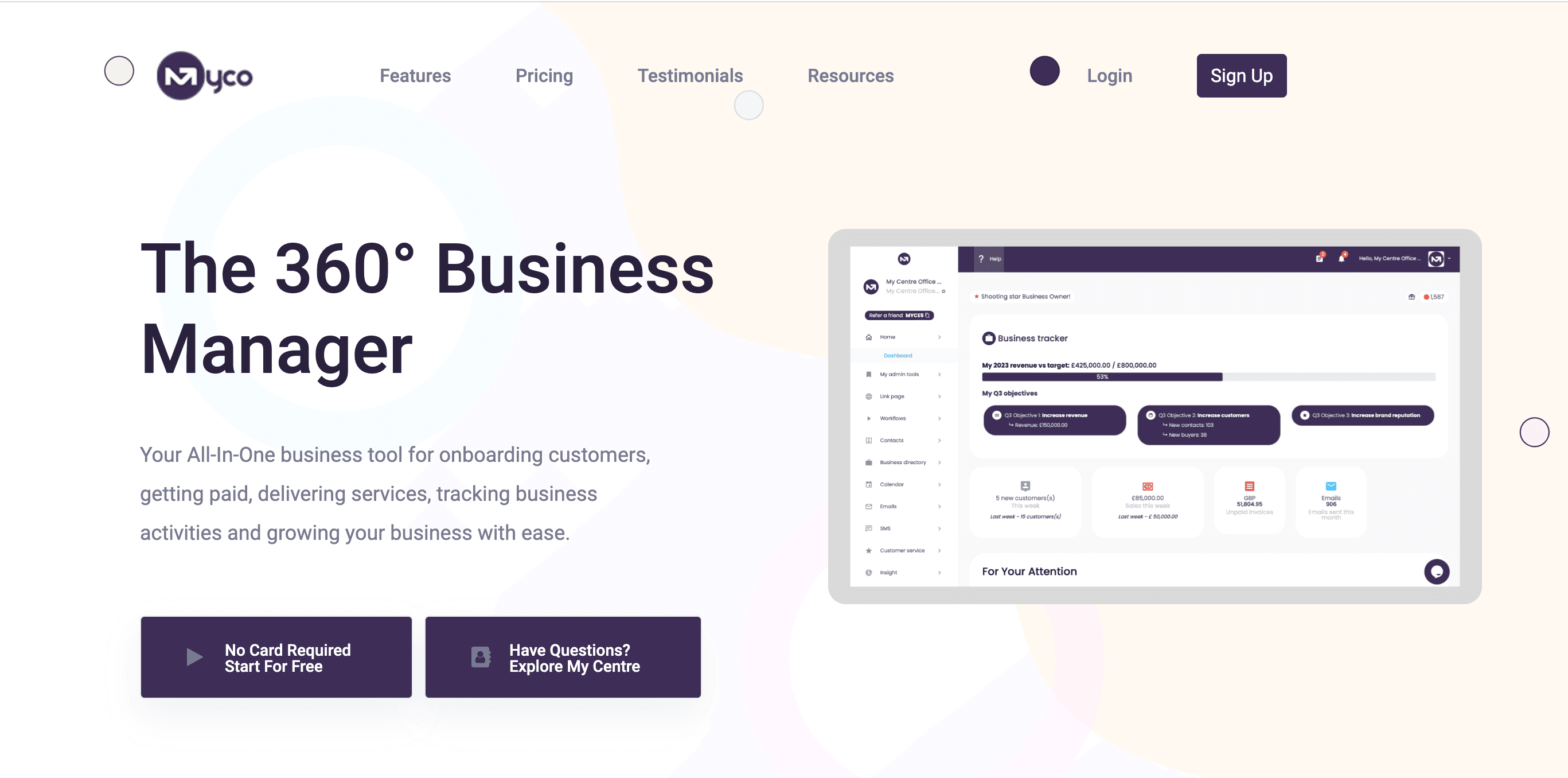 My Centre Office website showing its business management platform and dashboard.