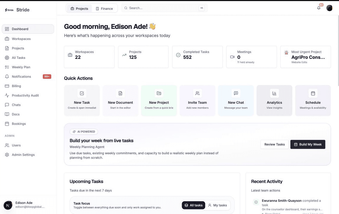 Stride dashboard showing workspace activity, project counts, quick actions, and the AI weekly planning agent.