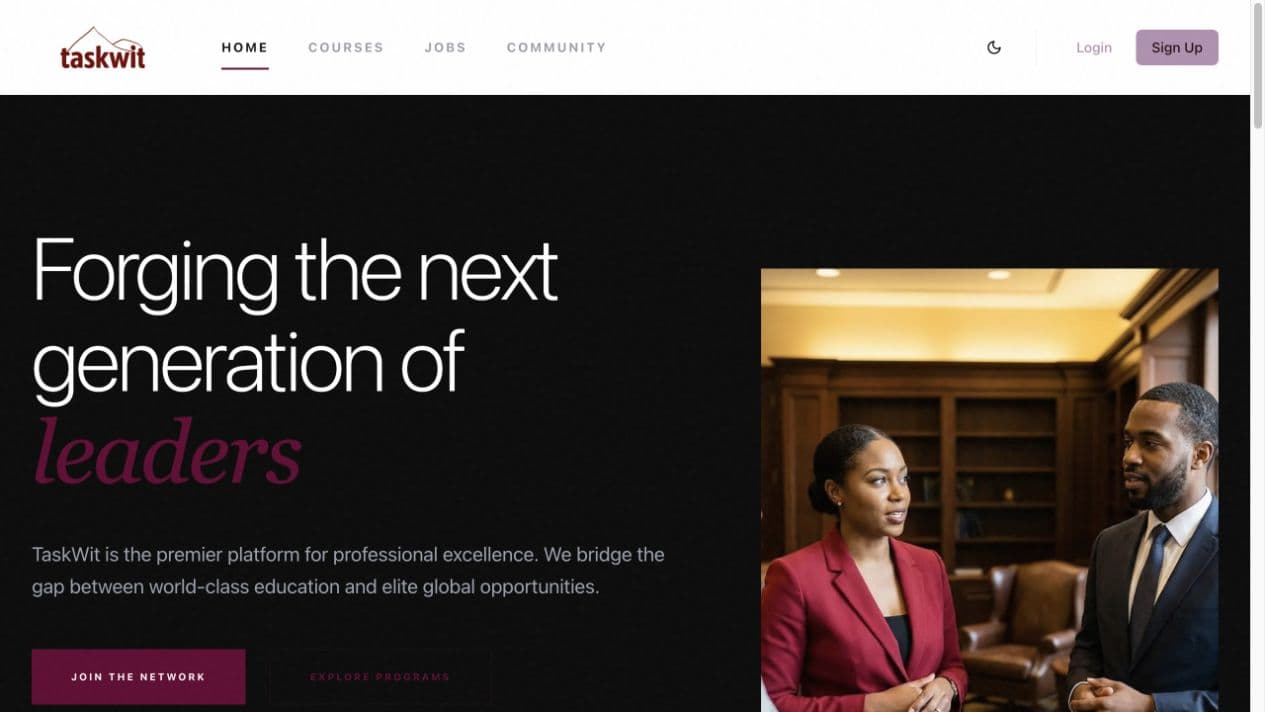 TaskWit platform homepage introducing professional learning, careers, and community.